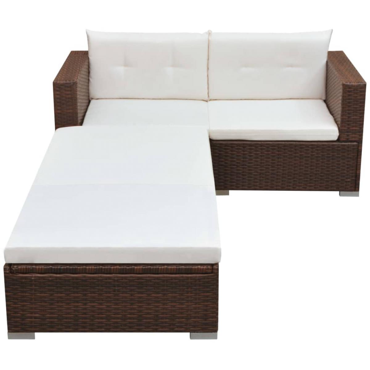 Set muebles de jardín 3 piezas y cojines ratán sintético marrón