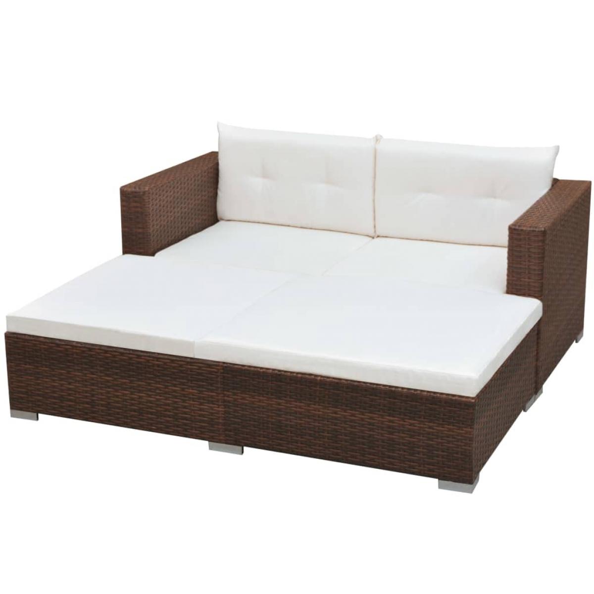 Set muebles de jardín 3 piezas y cojines ratán sintético marrón