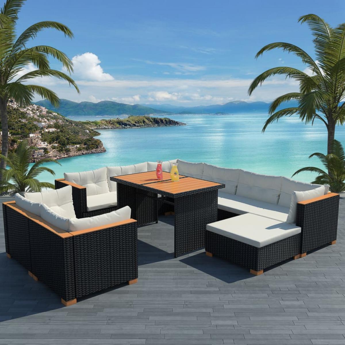 Set muebles de jardín 10 piezas y cojines ratán sintético negro