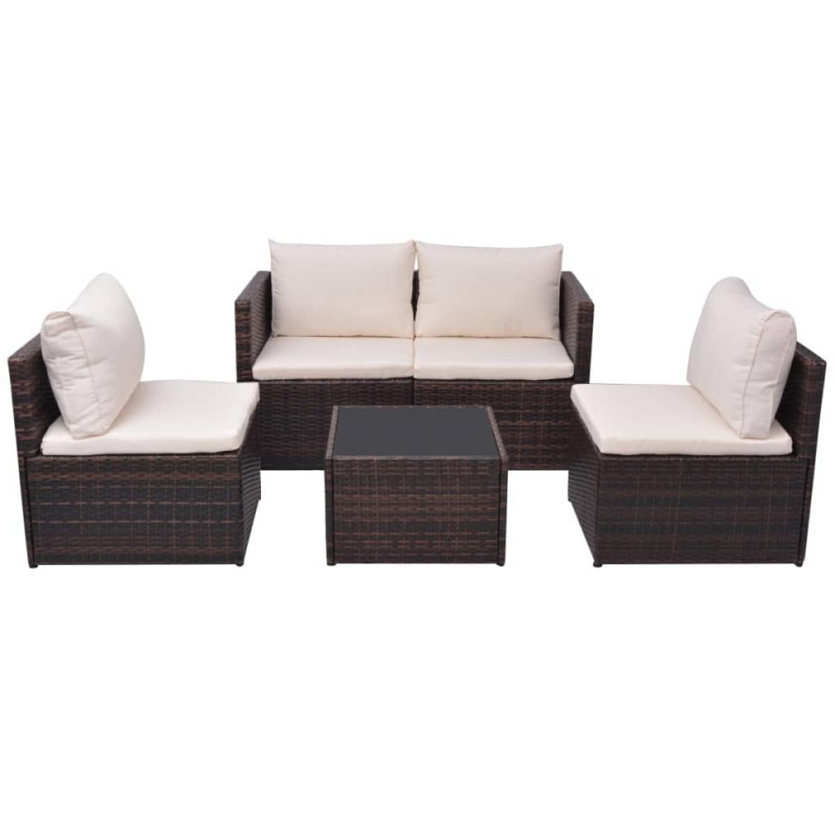 Set muebles de jardín 5 piezas y cojines ratán sintético marrón