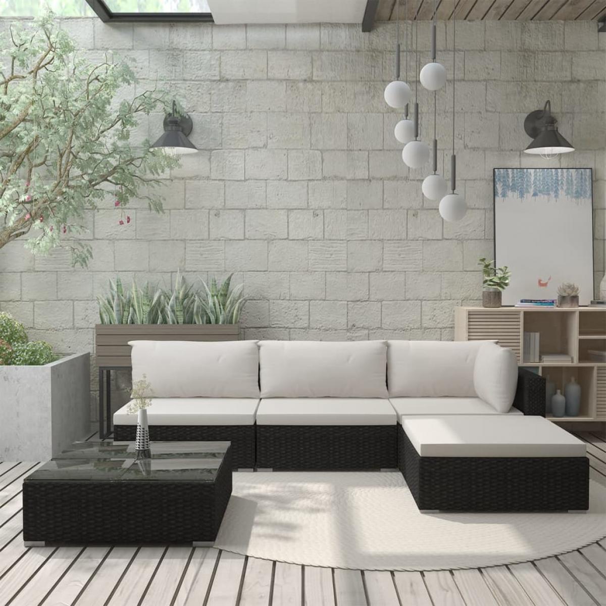 Set muebles de jardín 5 piezas y cojines ratán sintético negro