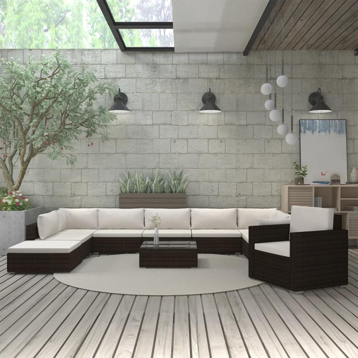 Set muebles de jardín 11 piezas con cojines ratán sintético marrón