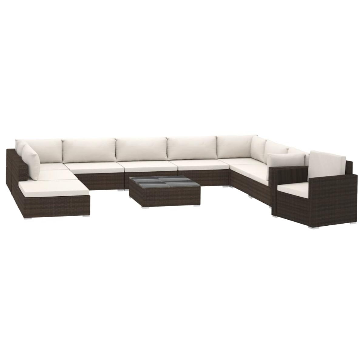 Set muebles de jardín 11 piezas con cojines ratán sintético marrón