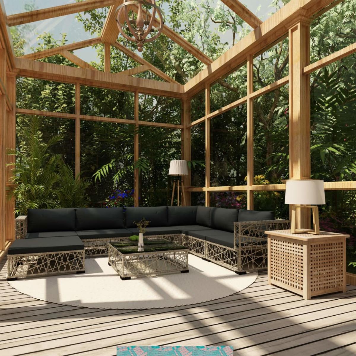 Set de muebles de jardín 8 pzas y cojines ratán sintético gris