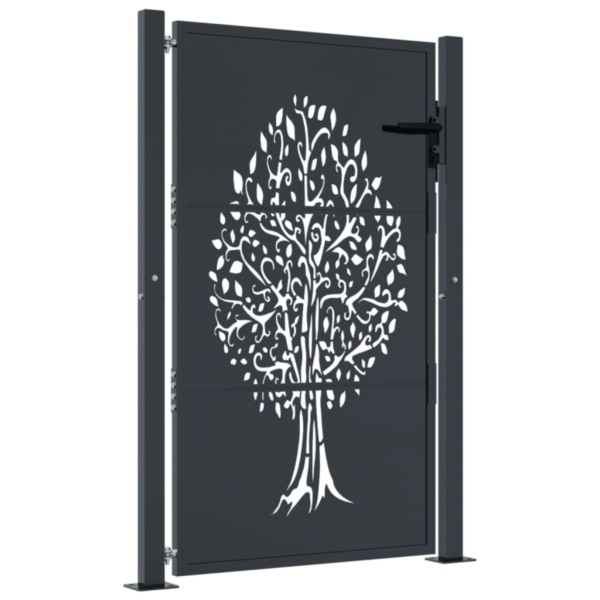 Puerta de jardín acero gris antracita diseño árbol 105x155 cm