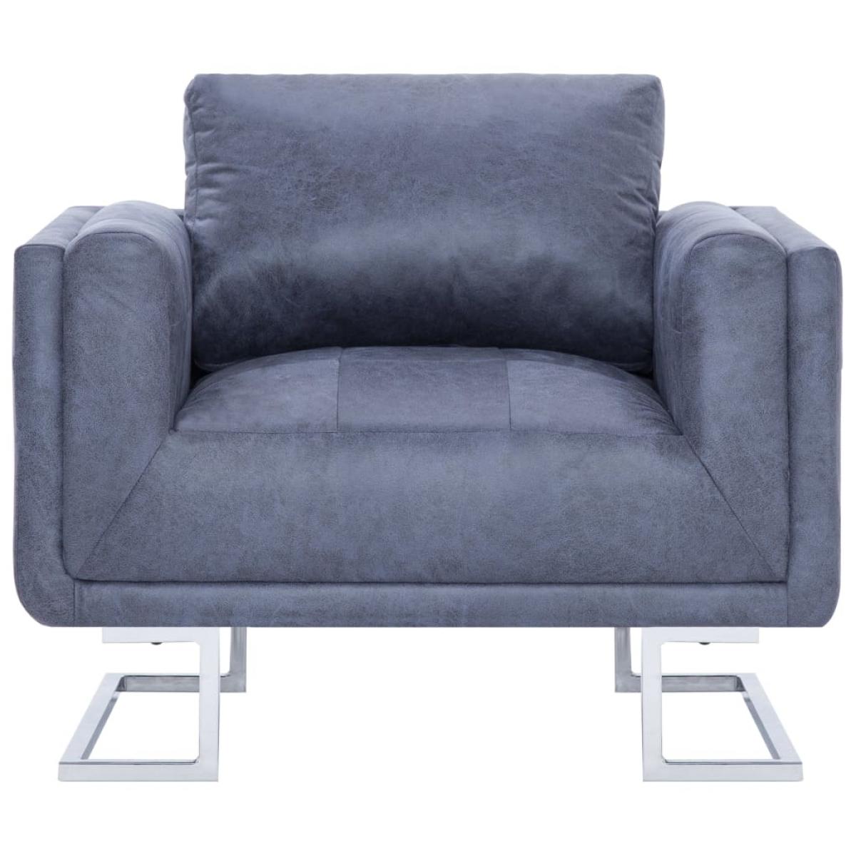Sillón en forma de cubo de piel de ante artificial gris