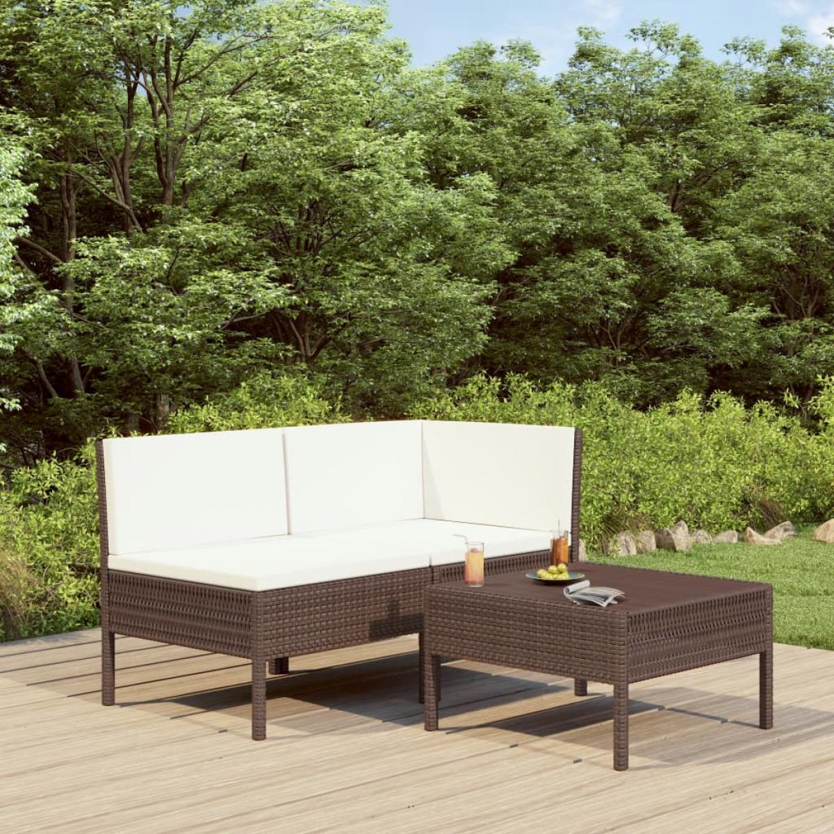 Set muebles de jardín 3 pzas y cojines ratán sintético marrón