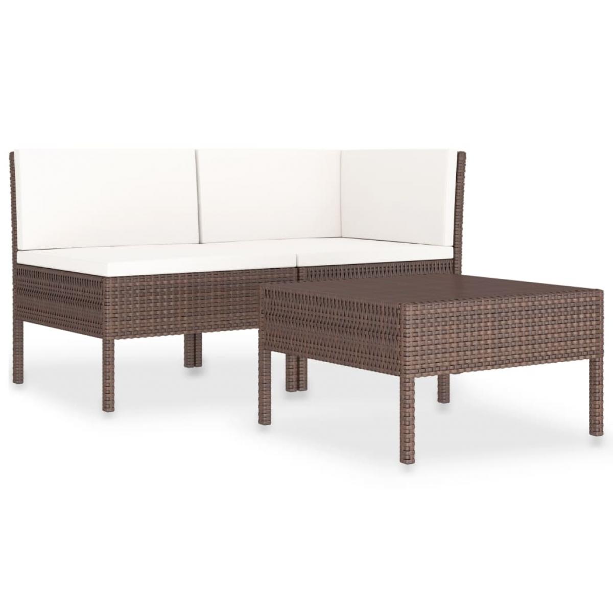 Set muebles de jardín 3 pzas y cojines ratán sintético marrón