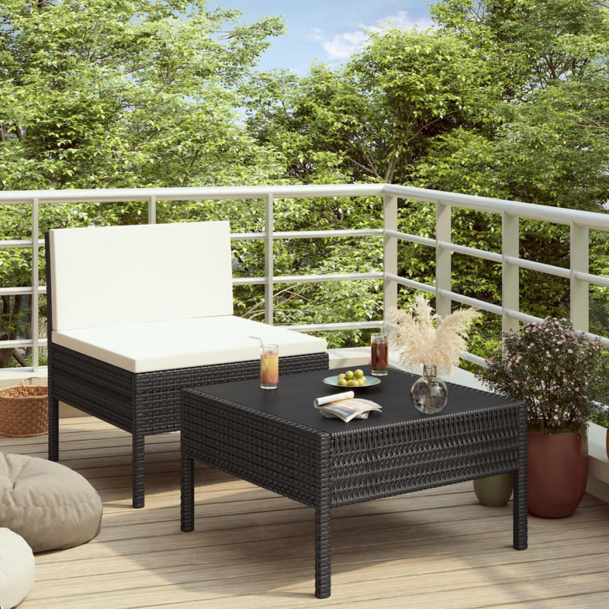 Set muebles de jardín 2 piezas y cojines ratán sintético negro