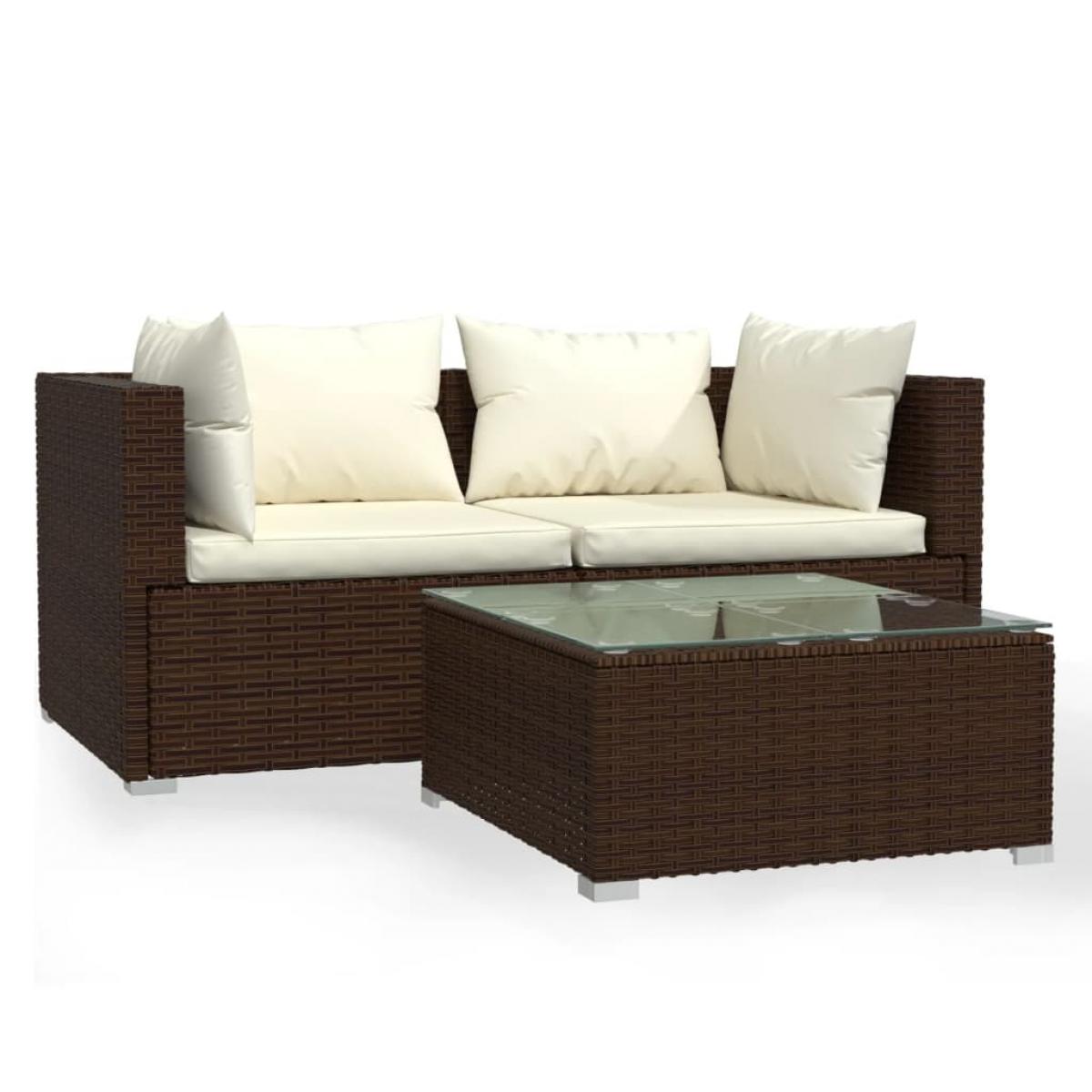 Set muebles de jardín 3 piezas y cojines ratán sintético marrón