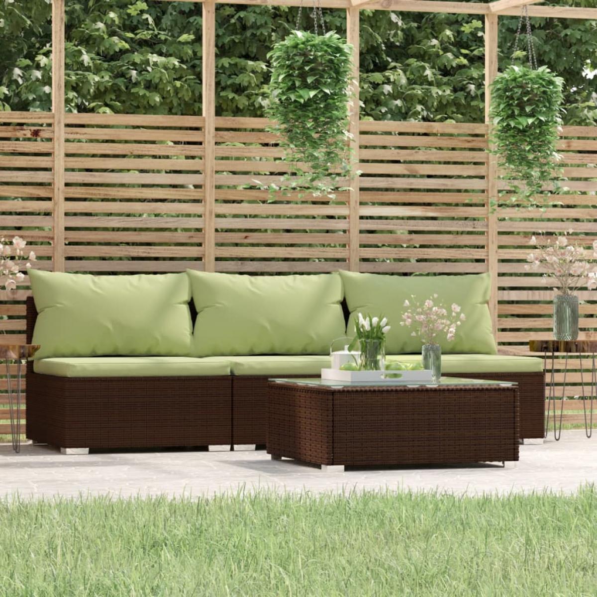 Set muebles de jardín 4 piezas y cojines ratán sintético marrón