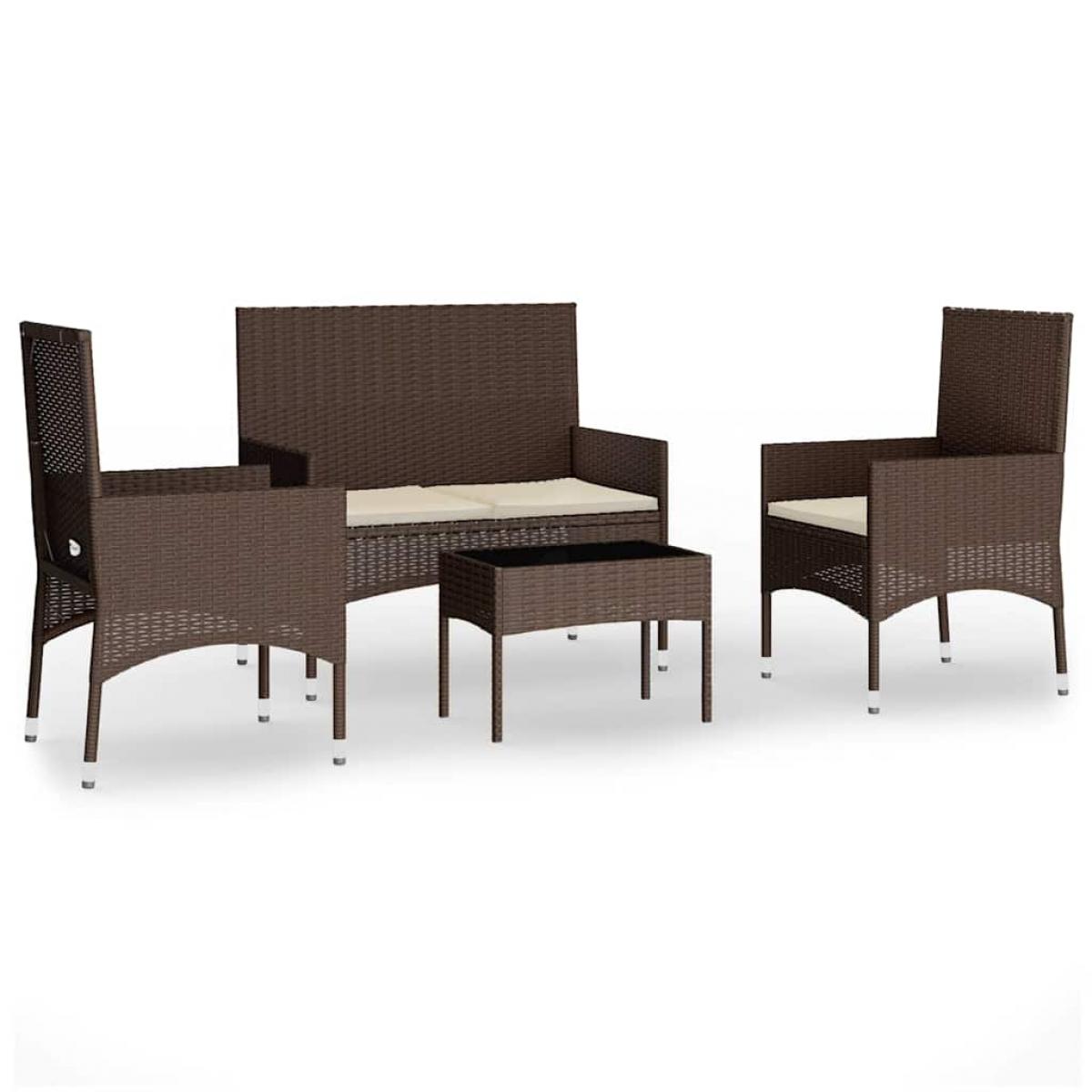 Set muebles de jardín 4 piezas y cojines ratán sintético marrón
