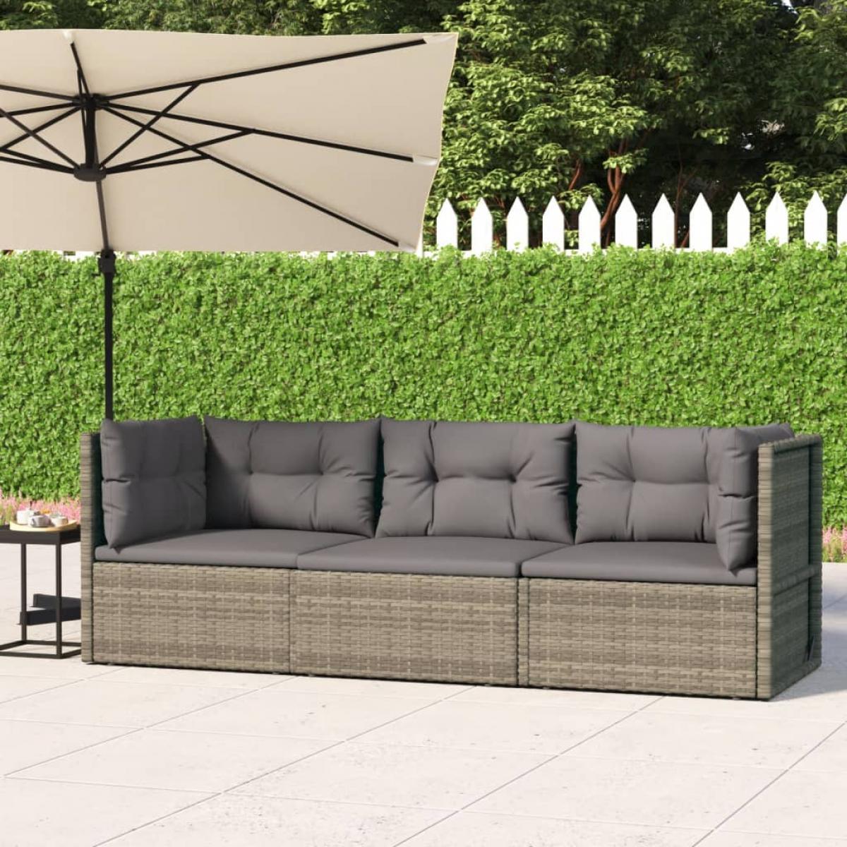 Set de muebles de jardín 3 pzas y cojines ratán sintético gris