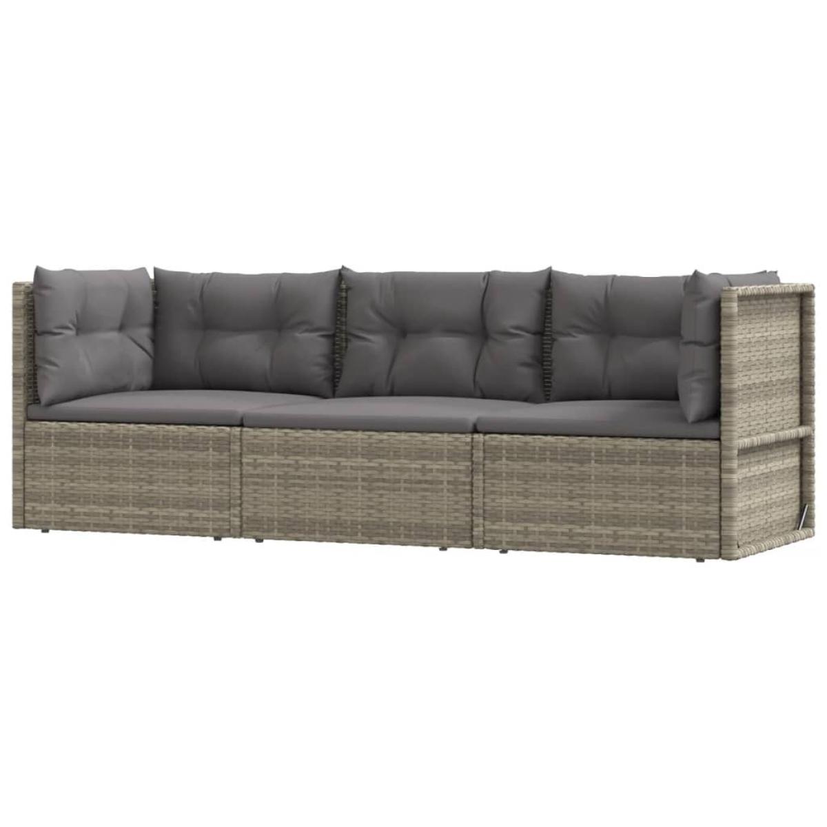 Set de muebles de jardín 3 pzas y cojines ratán sintético gris