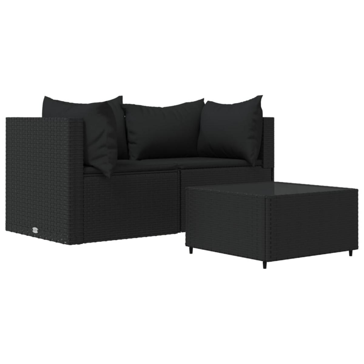 Set de muebles de jardín 3 pzas y cojines ratán sintético negro
