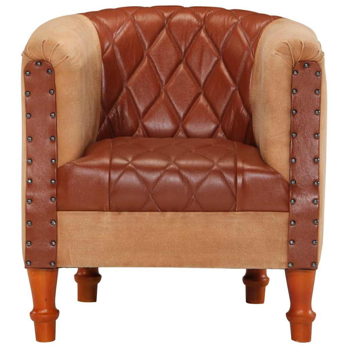 Sillón de cuero auténtico y madera maciza de mango marrón
