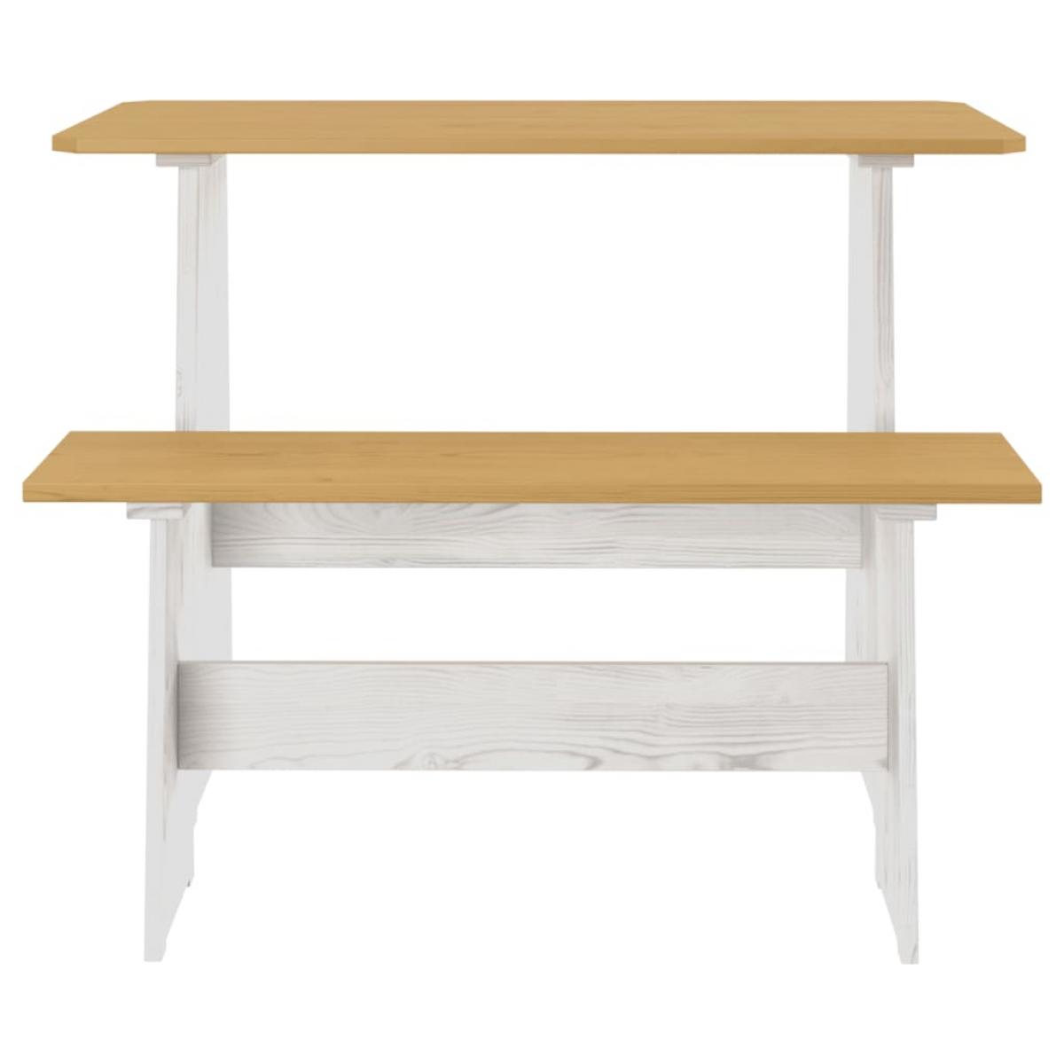 Mesa de comedor con banco madera maciza marrón miel y blanco