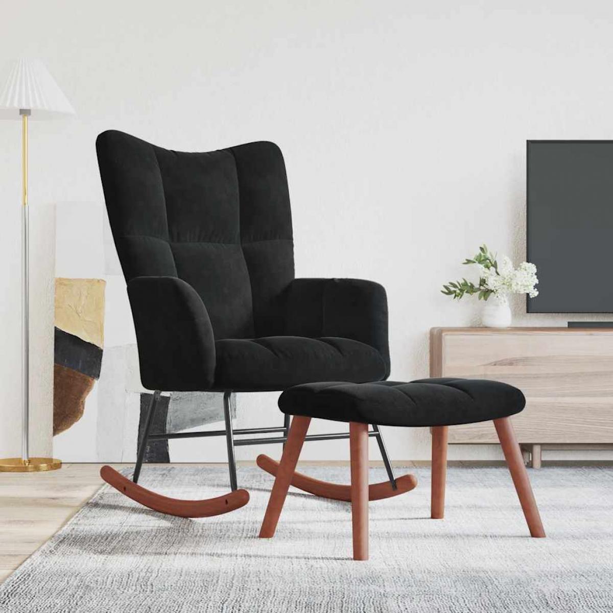 Silla mecedora con reposapiés terciopelo negro