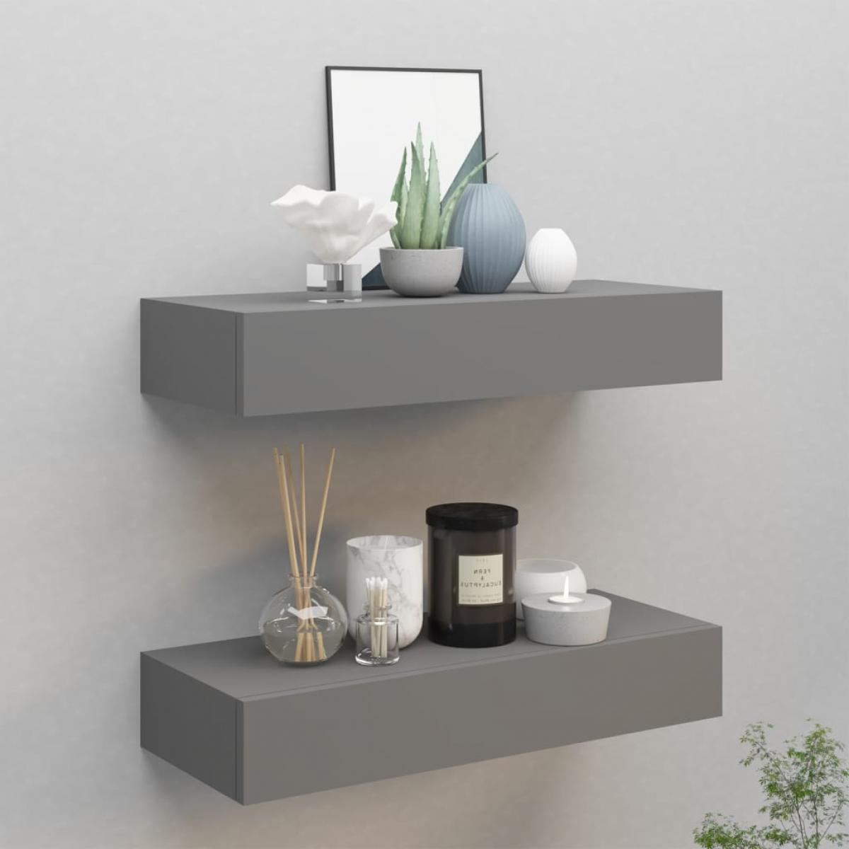Estantes de pared con cajón 2 uds MDF gris 60x23,5x10 cm