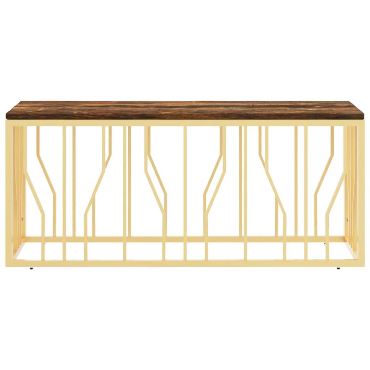 Mesa de centro acero inoxidable madera maciza reciclada dorada