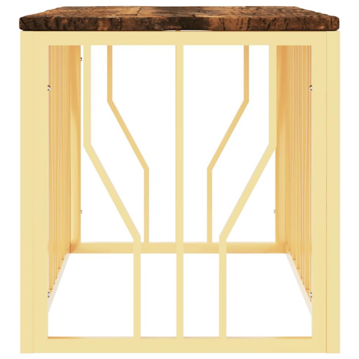 Mesa de centro acero inoxidable madera maciza reciclada dorada