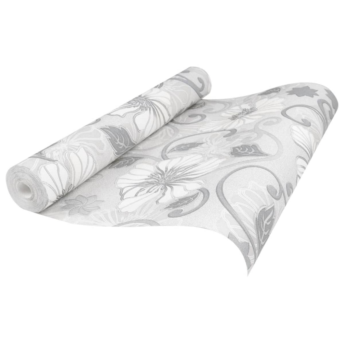 Papel pintado 3D no tejido estampado de flores gris 10x0,53 m