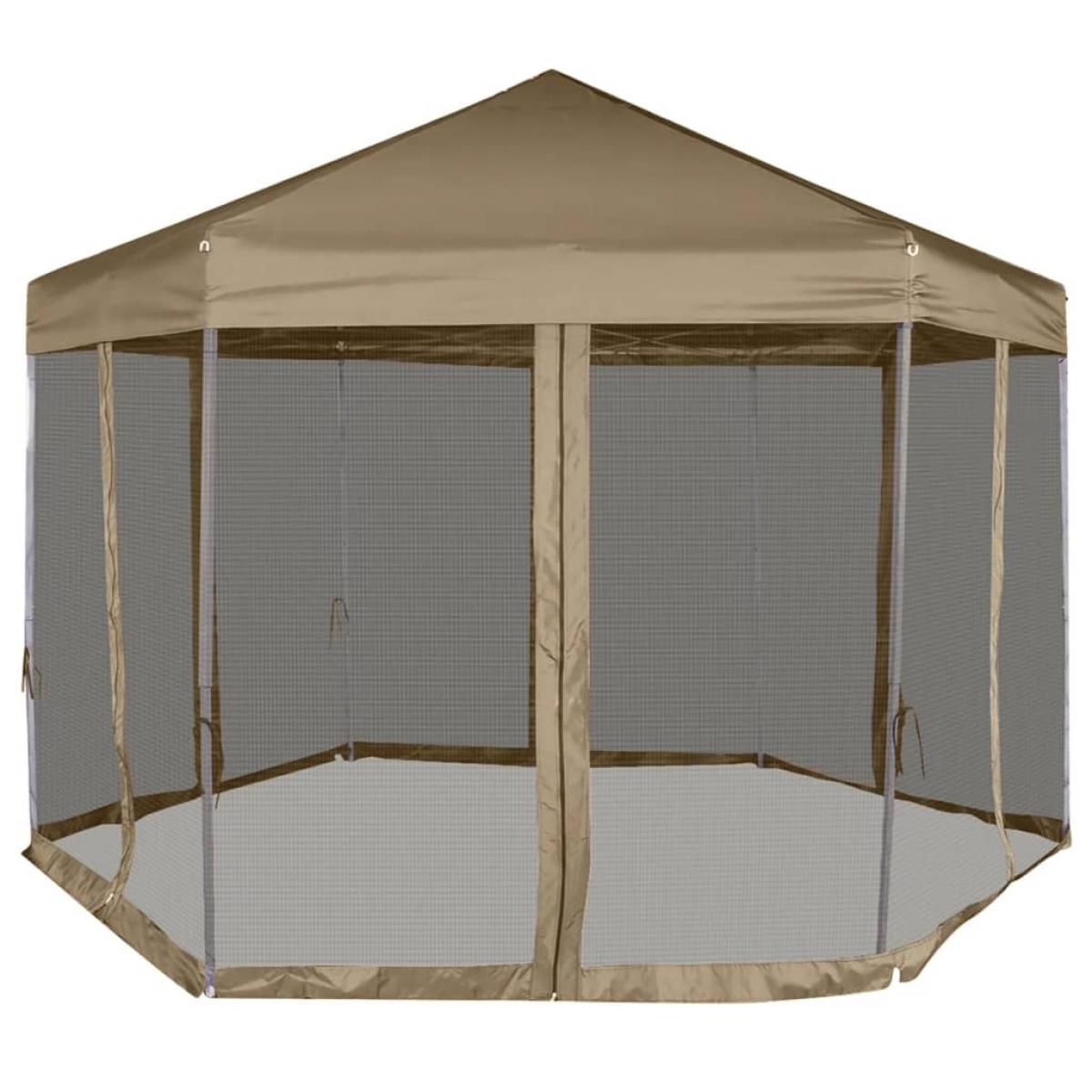 Carpa desmontable hexagonal paredes gris taupe 3,6x3,1m 220g/m²