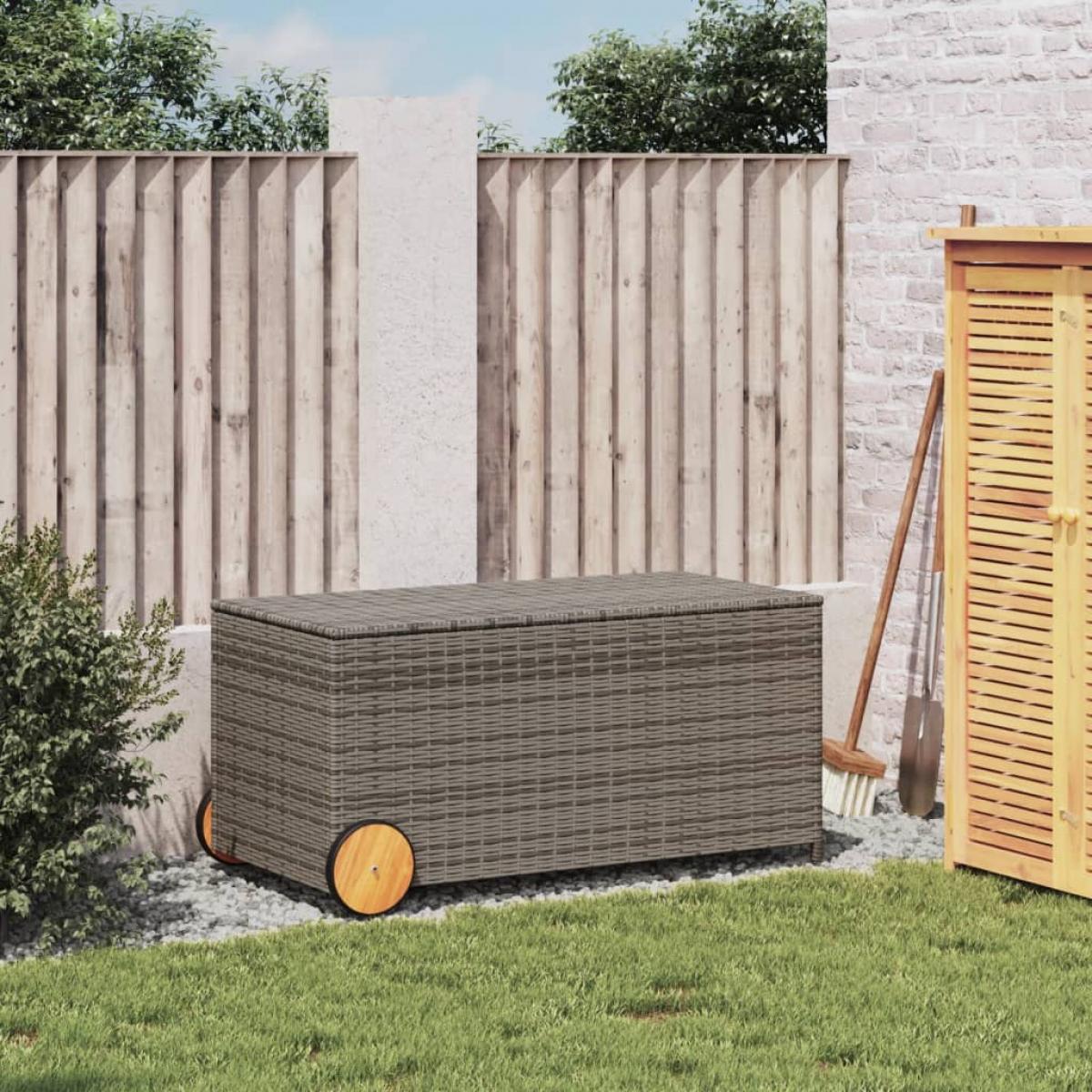 Caja de almacenaje jardín con ruedas ratán sintético gris 190L