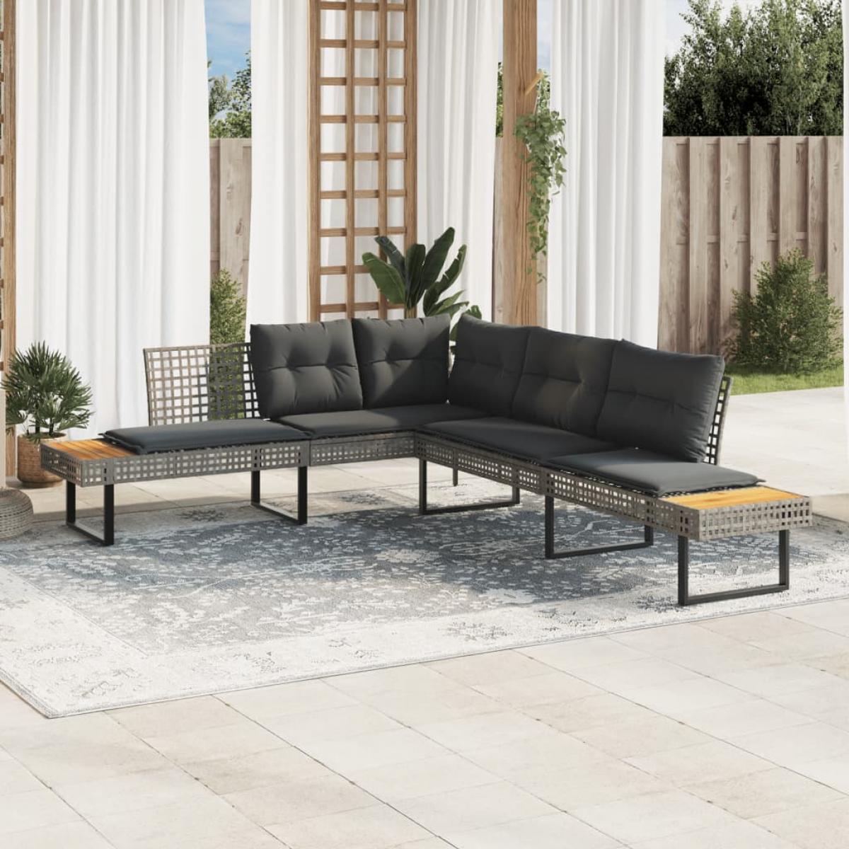 Sofá de jardín con cojines forma de L ratán PE gris y acacia