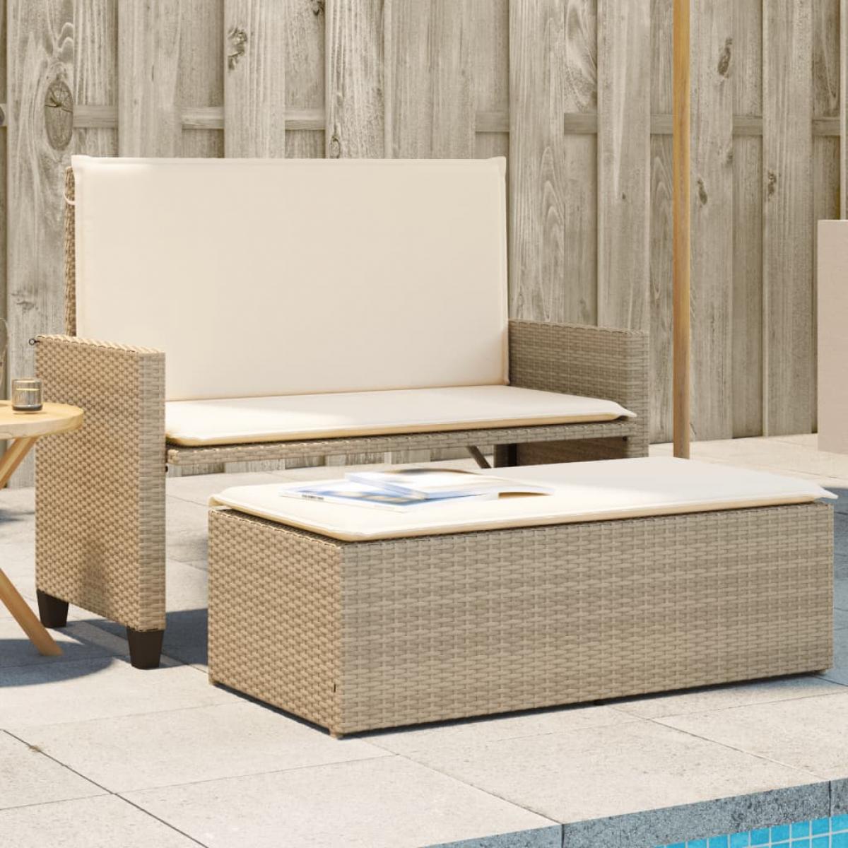 Banco de jardín con cojines y reposapiés ratán sintético beige