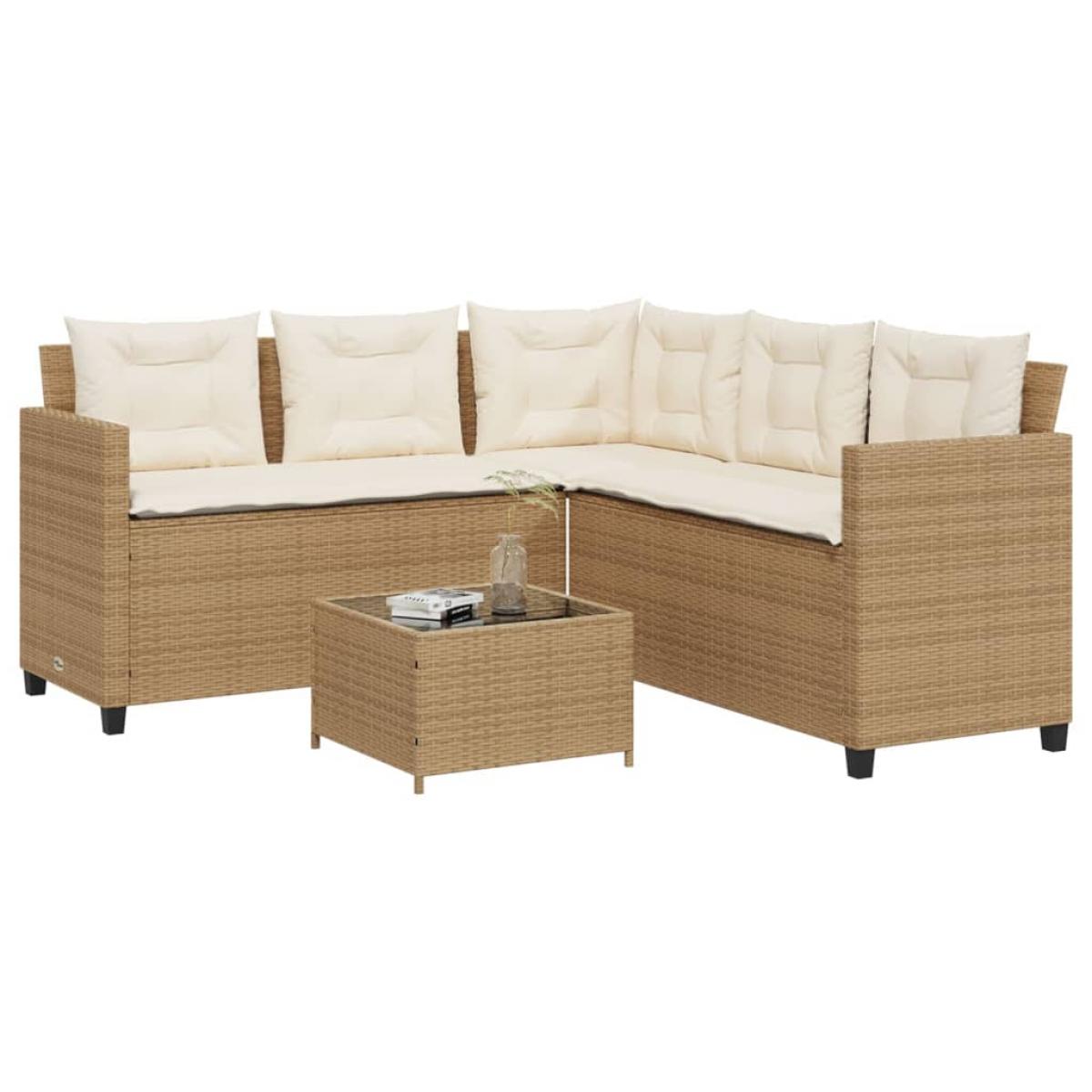 Sofá de jardín en forma de L con mesa y cojines ratán PE beige