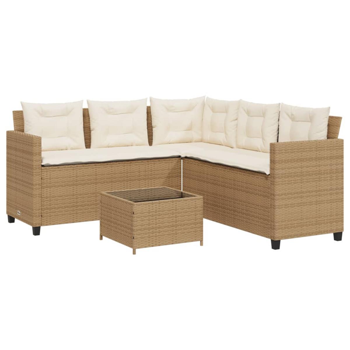 Sofá de jardín en forma de L con mesa y cojines ratán PE beige