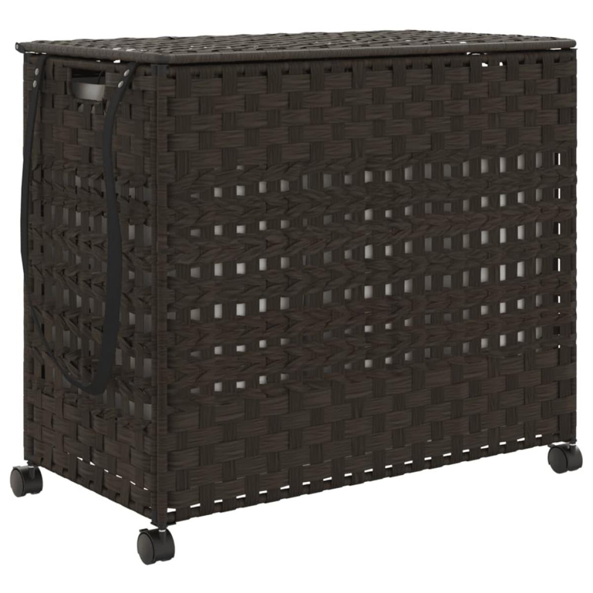 Cesto de ropa sucia con ruedas ratán marrón oscuro 66x35x60 cm