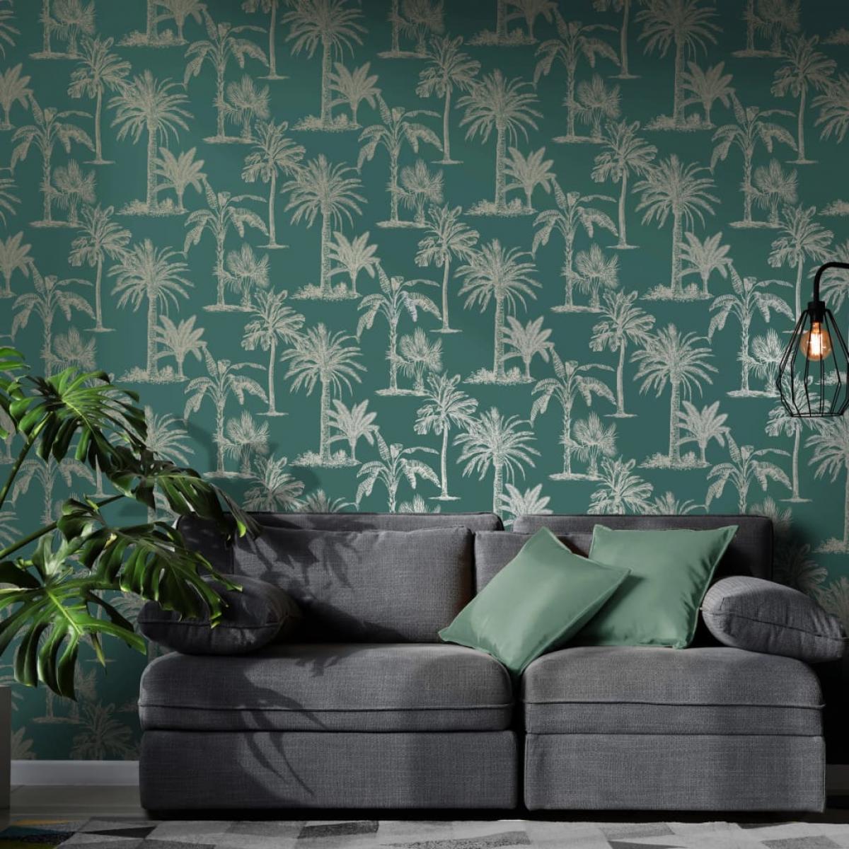 DUTCH WALLCOVERINGS Papel pintado árbol tropical verde azulado y plata