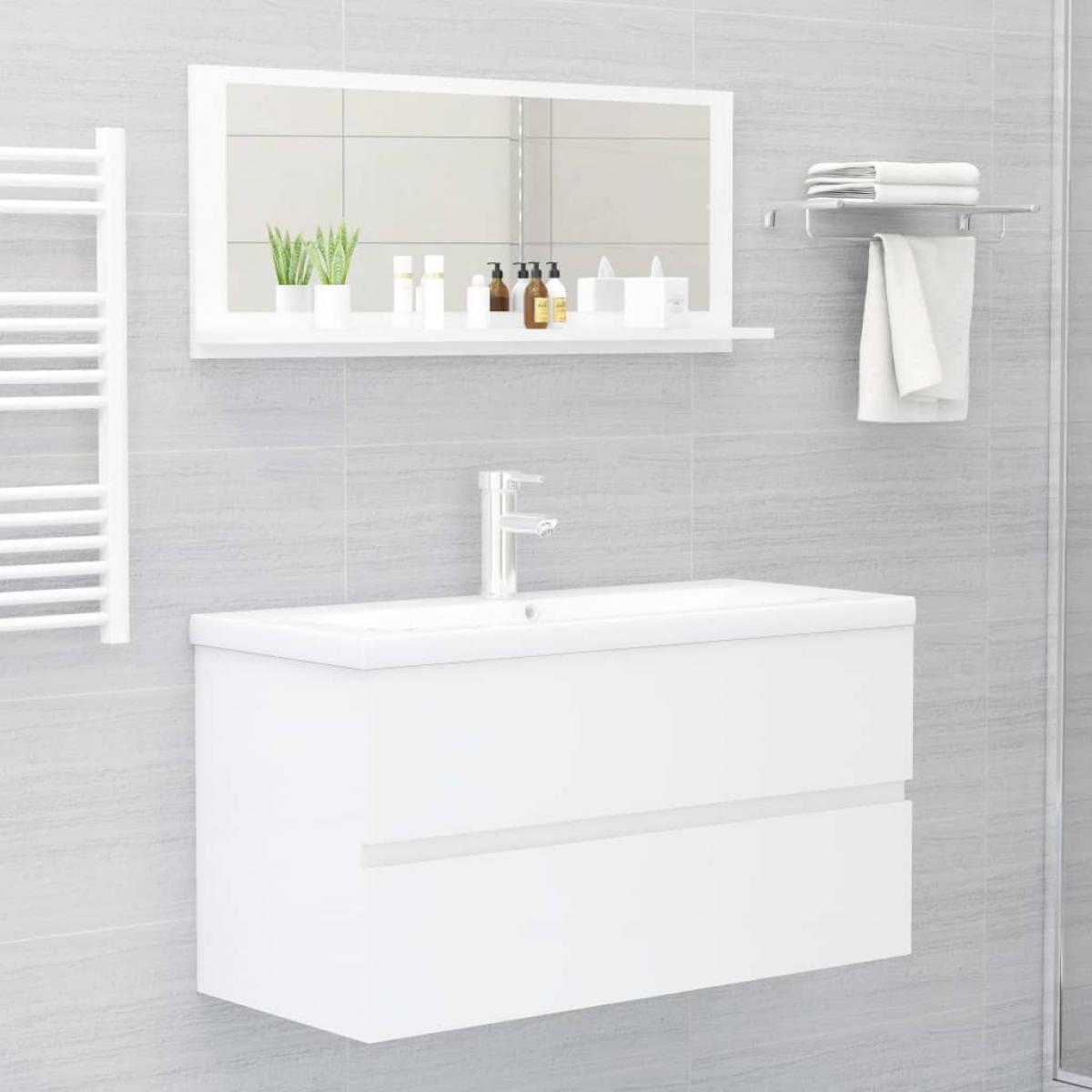 Espejo de baño madera contrachapada blanco brillo 90x10,5x37 cm