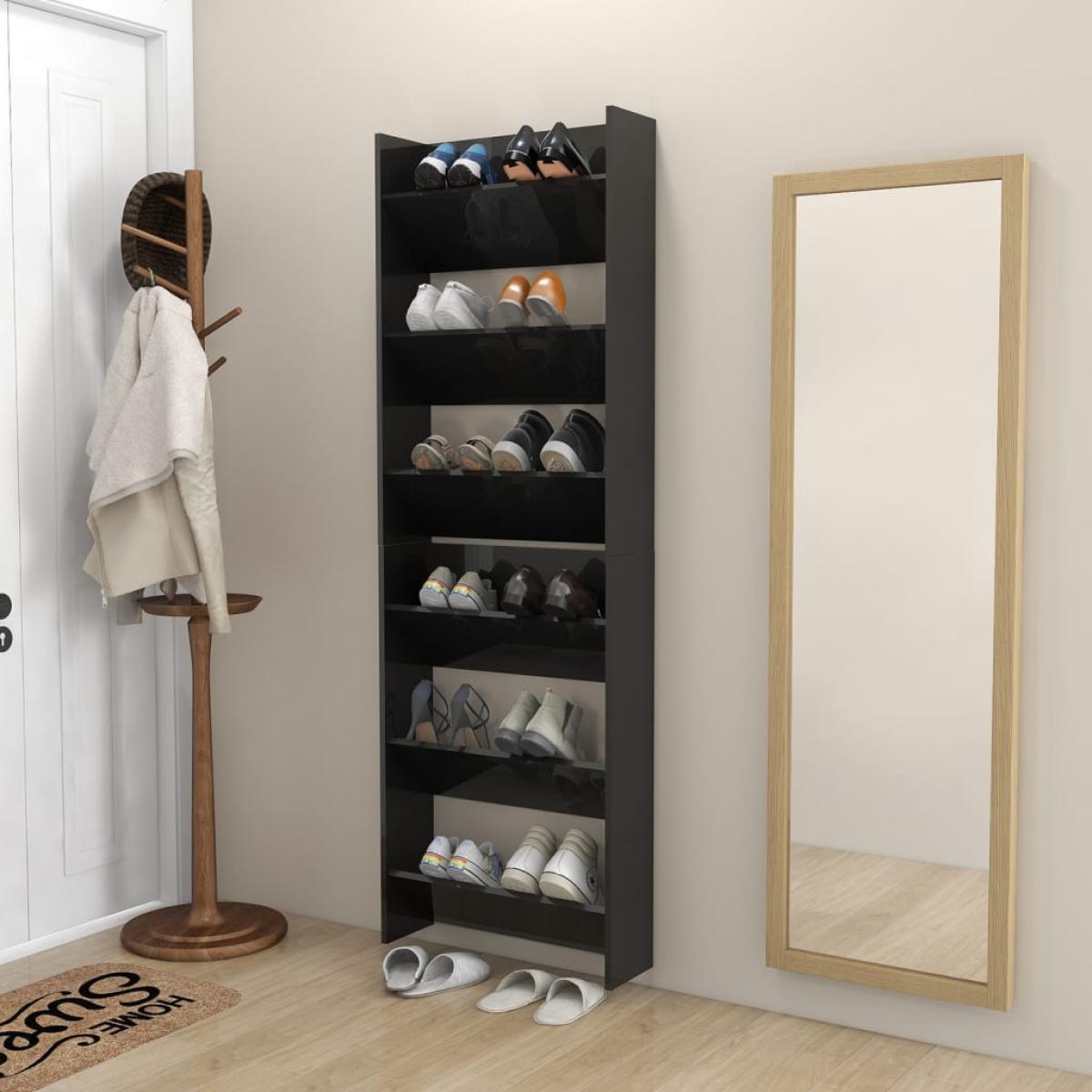 Zapateros de pared 2 uds contrachapada negro brillo 60x18x90 cm