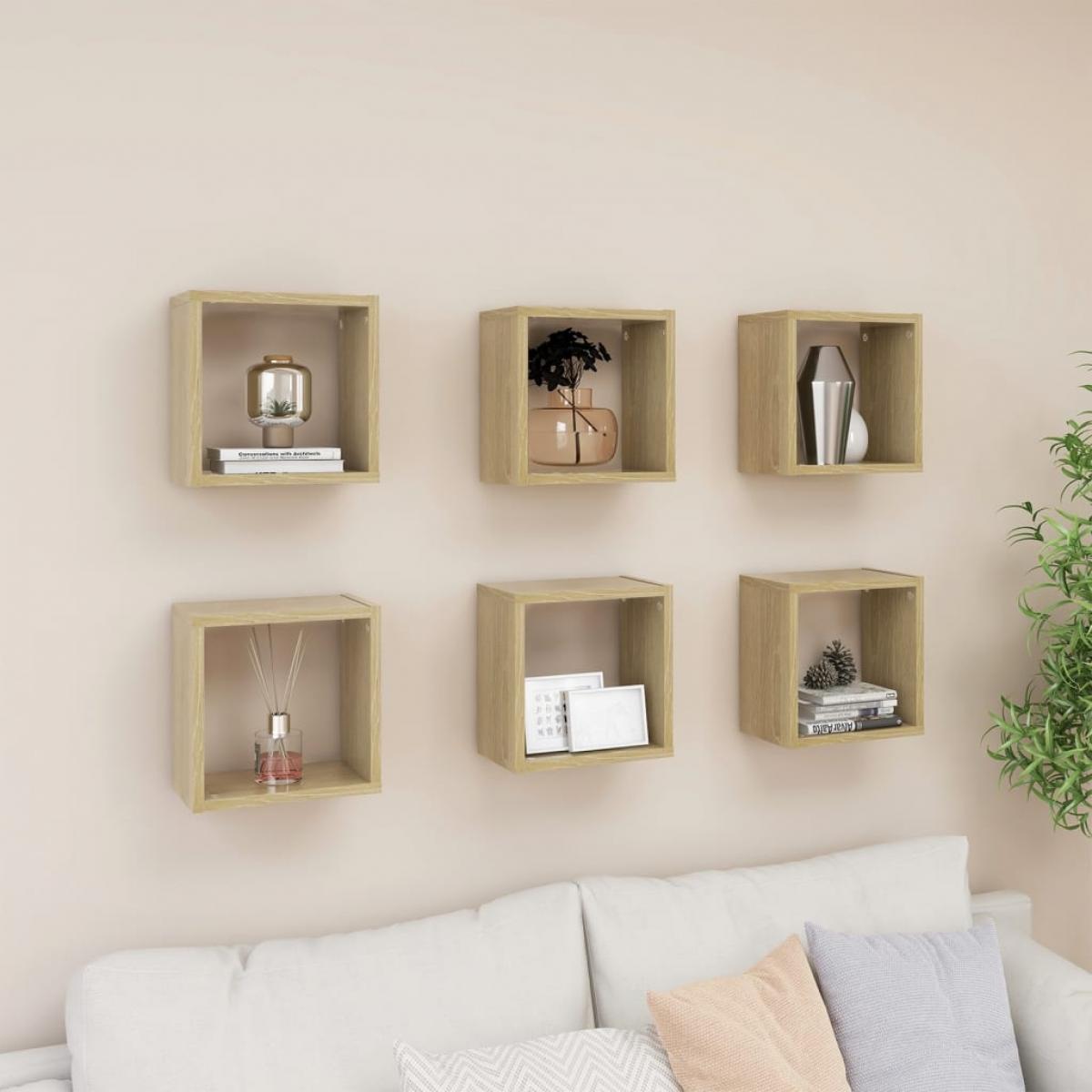 Estantes de cubo de pared 6 uds color roble 26x15x26 cm