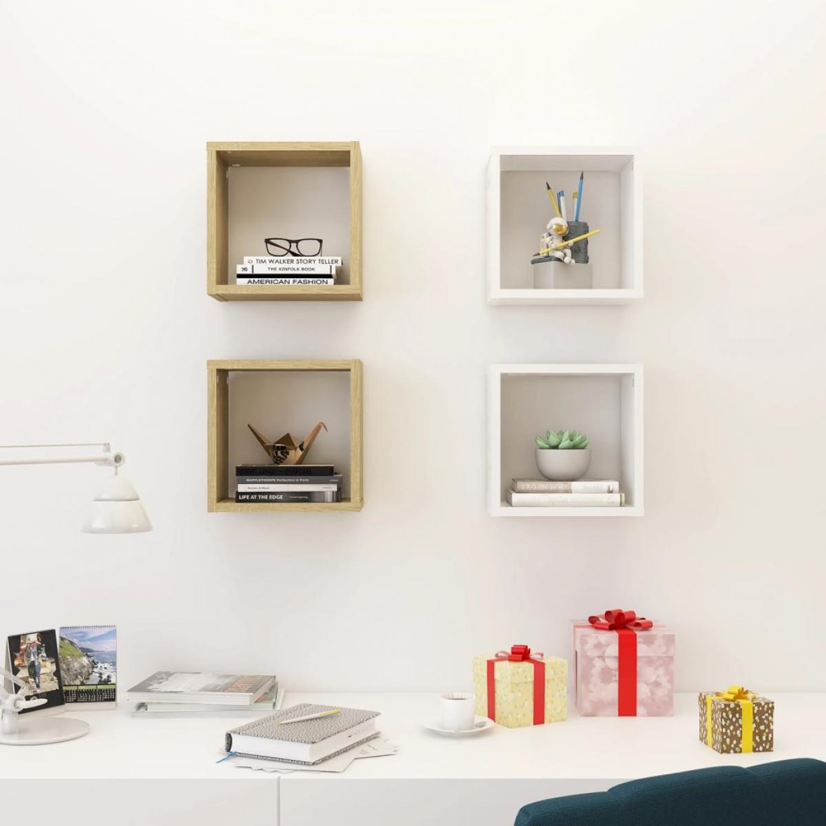 Estantes de cubo de pared 4 uds blanco roble 26x15x26 cm