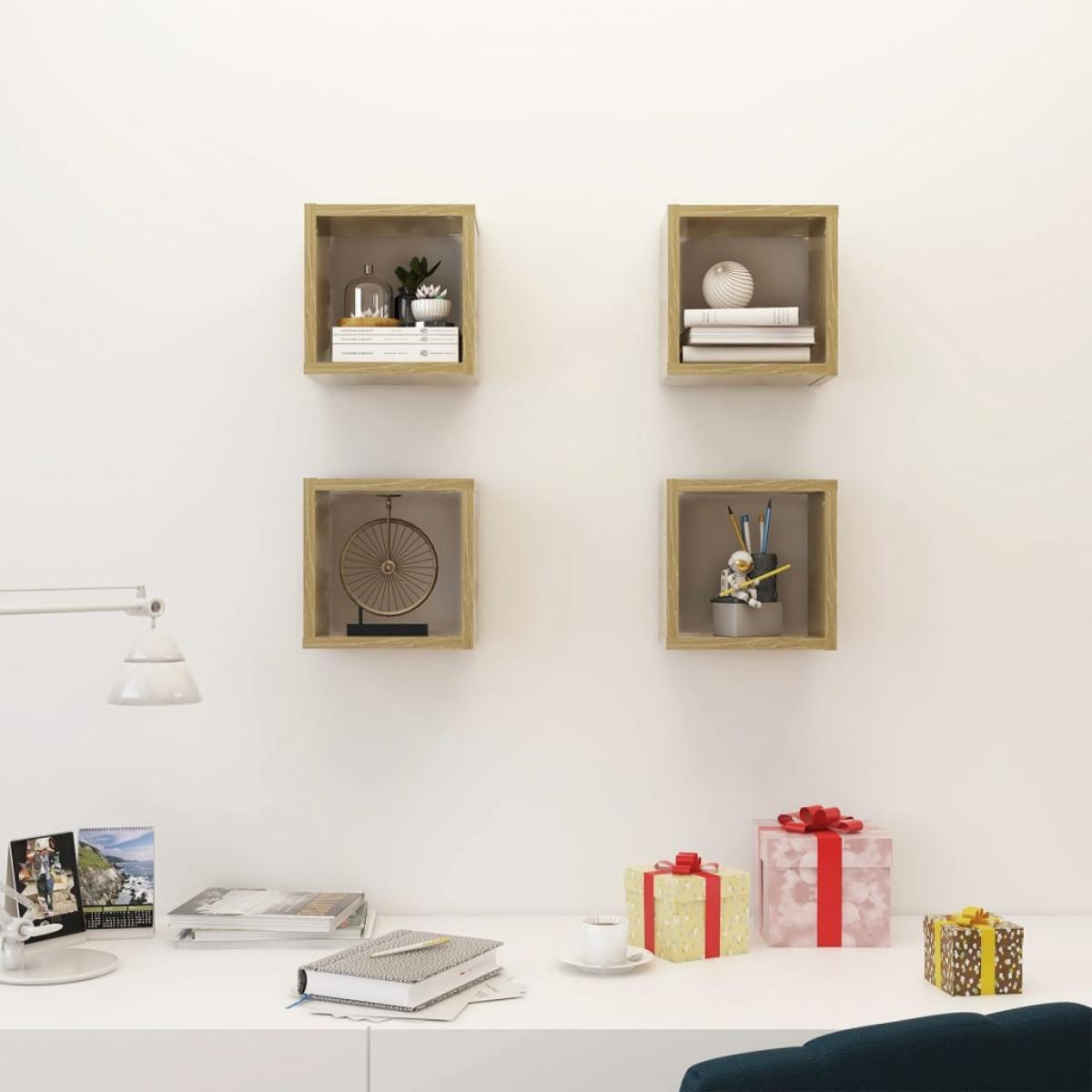 Estantes de cubo de pared 4 uds color roble 22x15x22 cm