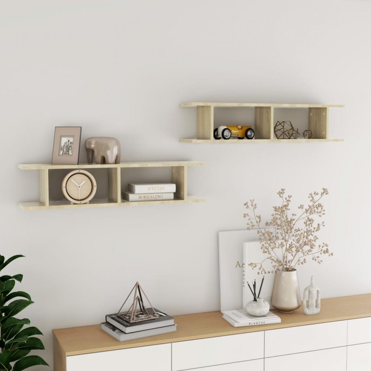 Estantes de pared 2 uds aglomerado color roble 90x18x20 cm
