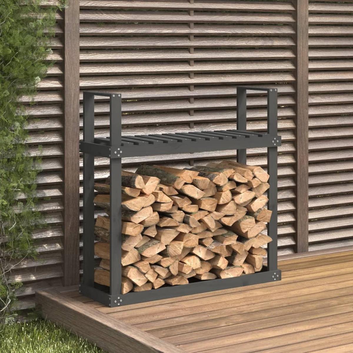 Leñero de madera maciza de pino gris 110x35x108,5 cm