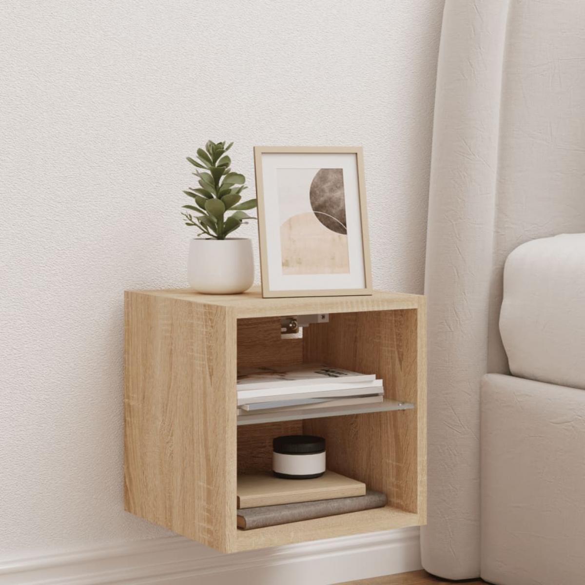 Mueble de TV de pared con luces LED roble Sonoma 30x28,5x30 cm