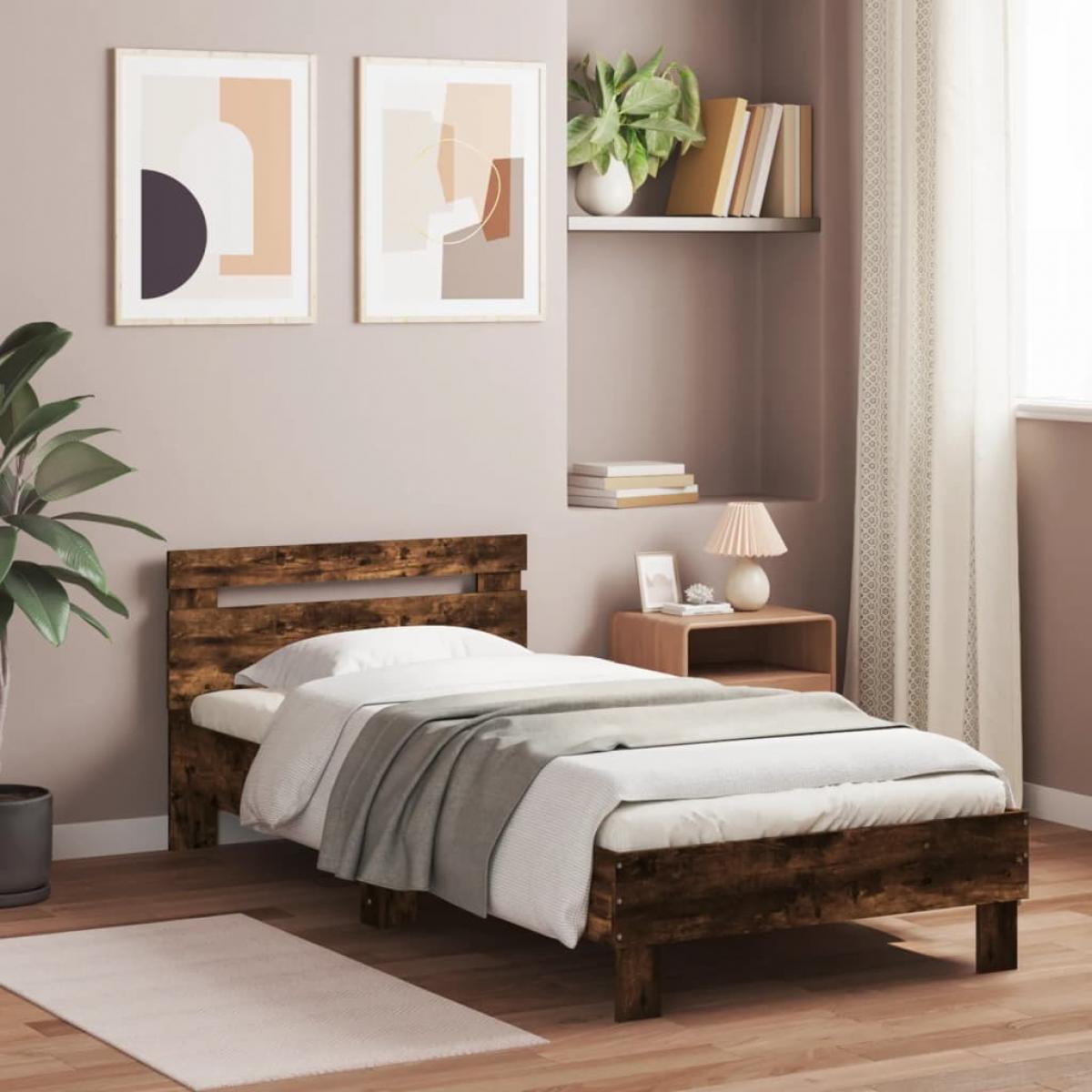 Cama con cabecero madera de ingeniería roble ahumado 75x190 cm