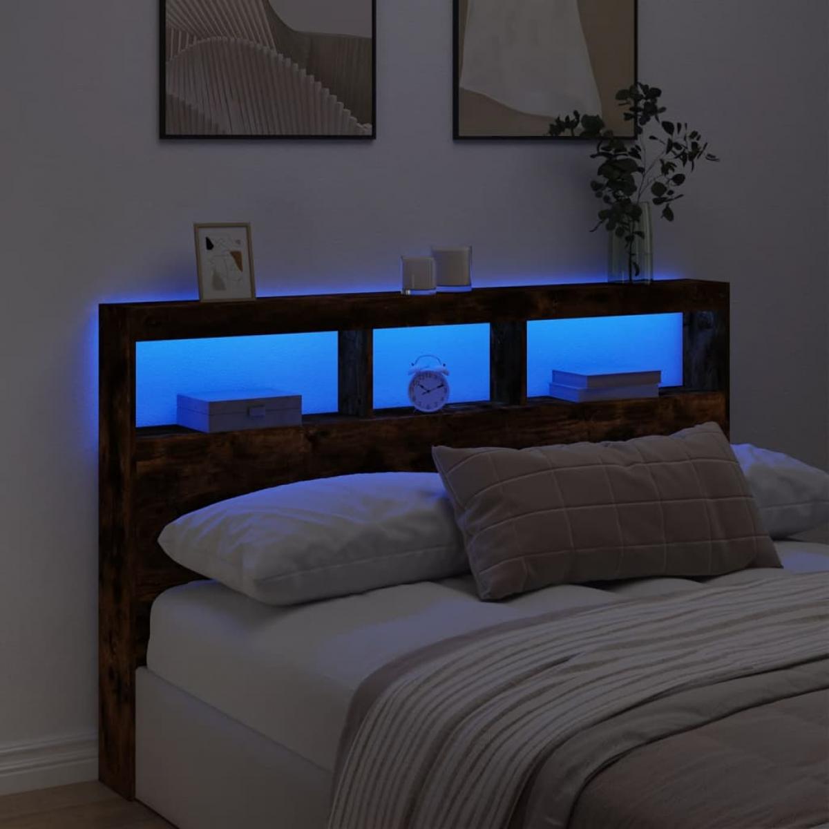 Cabecero de cama con luz LED roble ahumado 160x17x102 cm