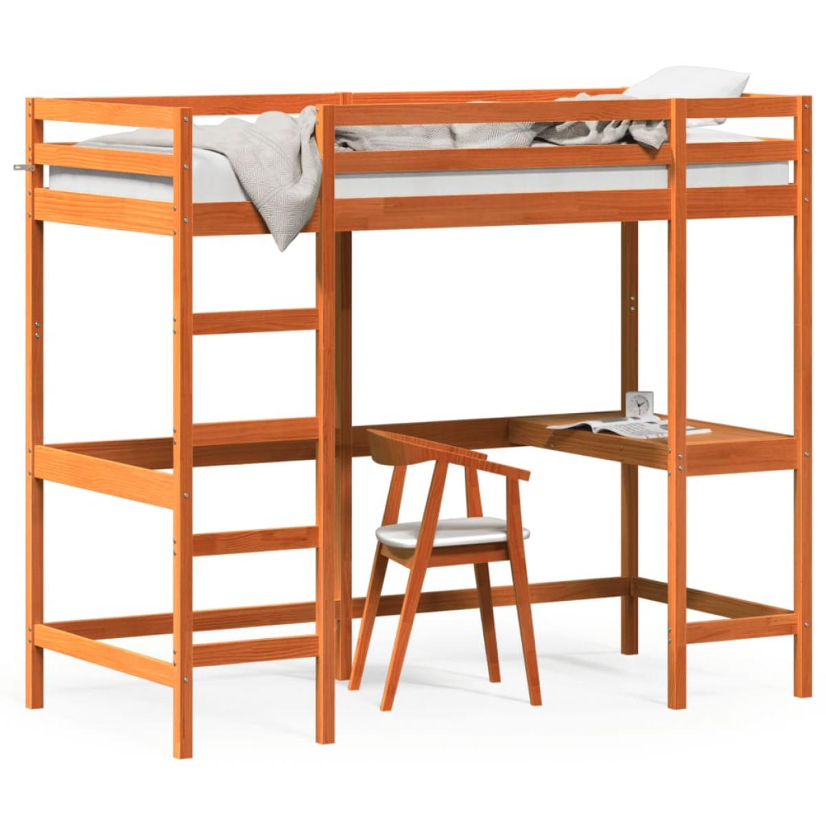 Cama alta con escritorio madera maciza pino marrón 100x200 cm