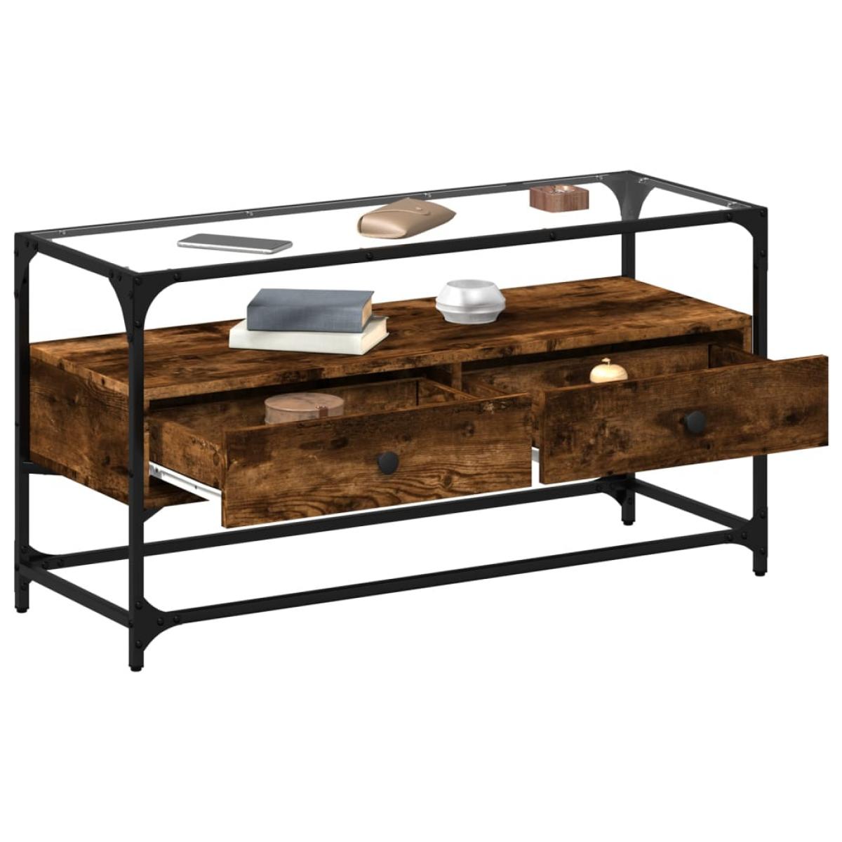 Mueble TV cristal y madera ingeniería roble ahumado 98x35x51 cm