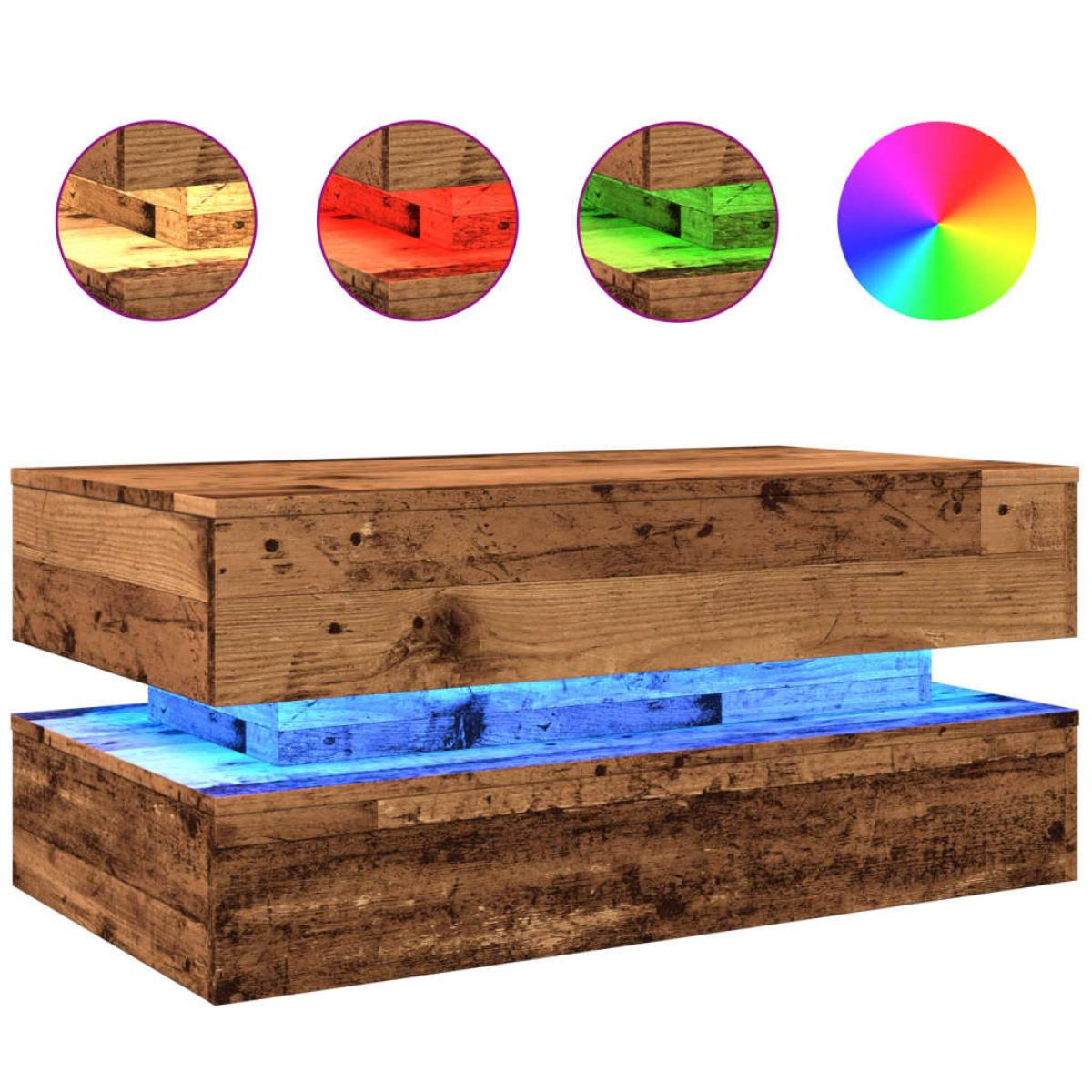 Mesa de centro con luces LED madera envejecida 90x50x40 cm