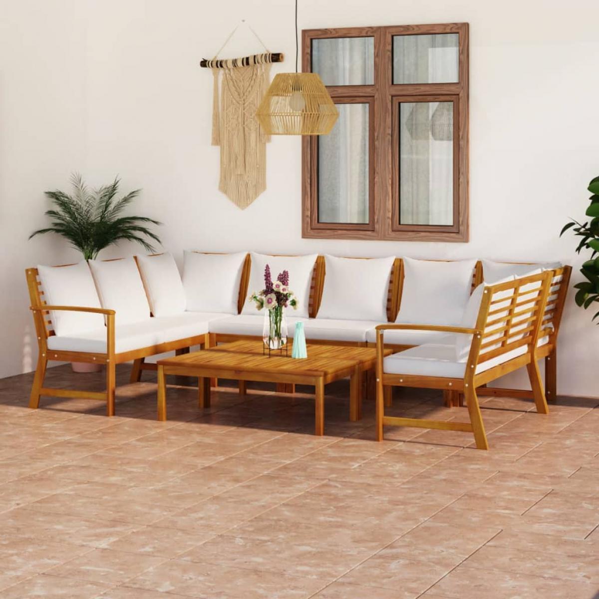 Muebles de jardín 9 pzas cojines crema madera maciza de acacia