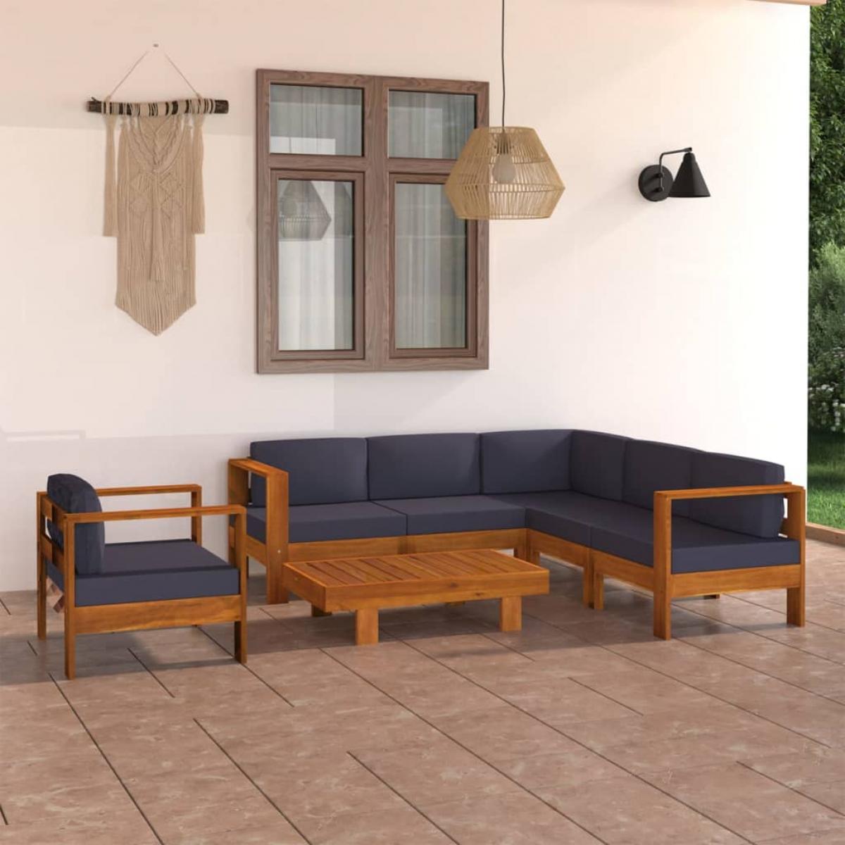 Muebles de jardín 7 pzas con cojines gris oscuro madera acacia