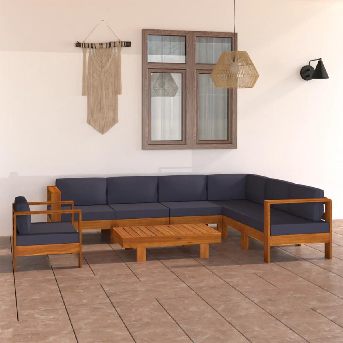 Muebles de jardín 10 pzas con cojines gris oscuro madera acacia
